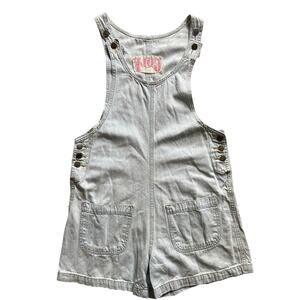 90s London Denim Bib Overalls Shorts Womens Size M Wide Leg Blue Vintage